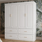 74.2" Tall Closet Storage Cabinet for Bedroom, Almirah for Clothes,White Standing Wardrobe Storage Closet Cabinet with 4 Doors and Shelves, Armoire Wardrobe with 4 Drawers and Hanging Rod