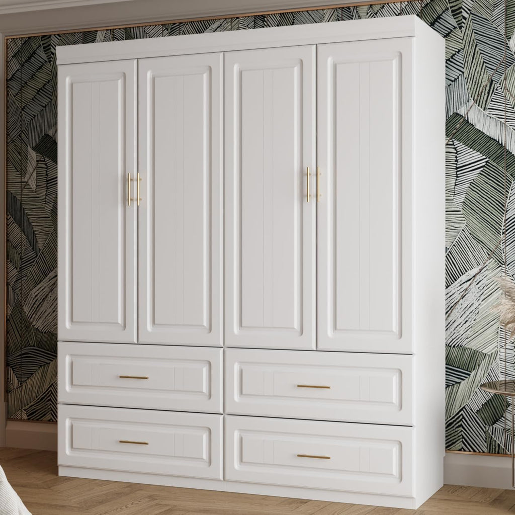 74.2" Tall Closet Storage Cabinet for Bedroom, Almirah for Clothes,White Standing Wardrobe Storage Closet Cabinet with 4 Doors and Shelves, Armoire Wardrobe with 4 Drawers and Hanging Rod
