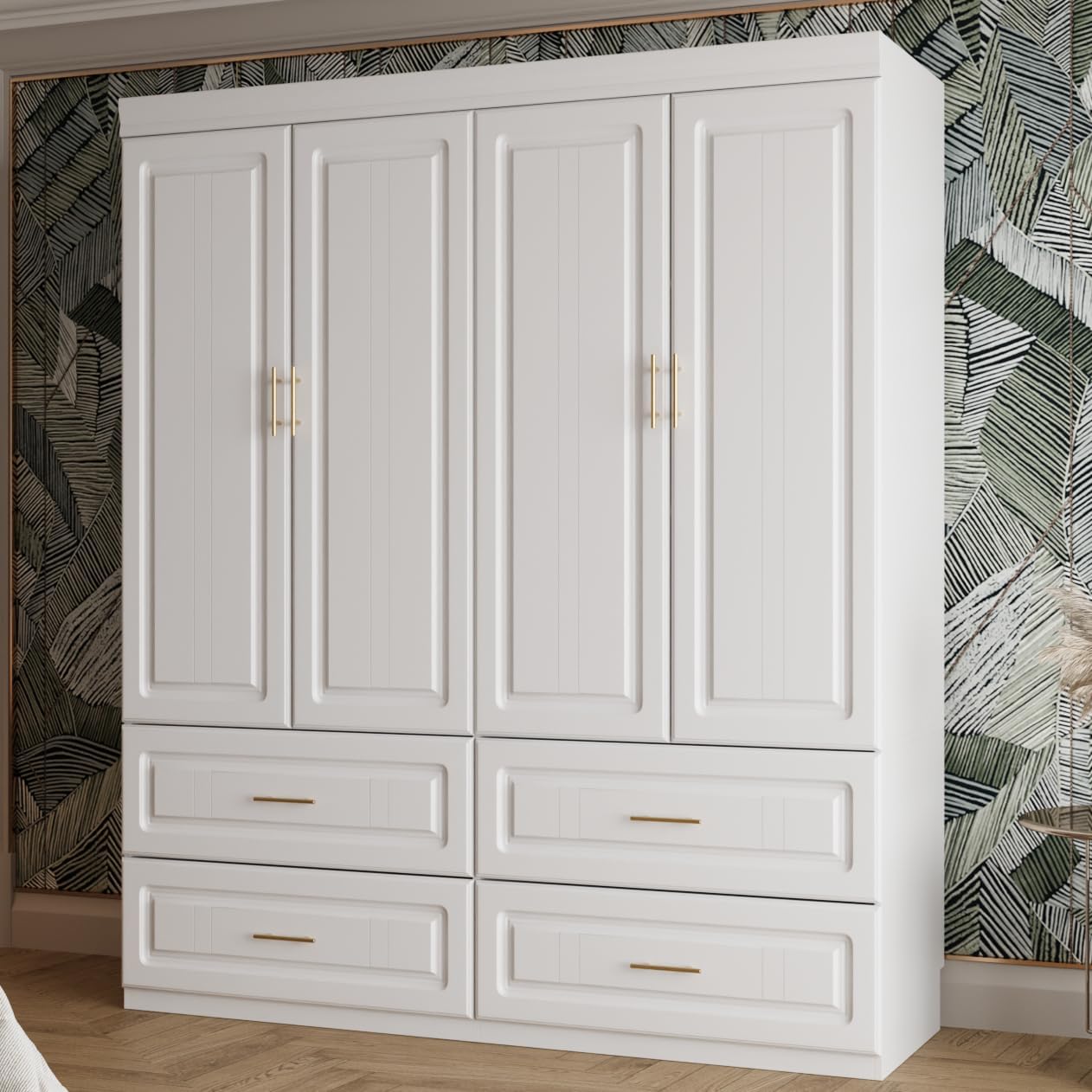 74.2" Tall Closet Storage Cabinet for Bedroom, Almirah for Clothes,White Standing Wardrobe Storage Closet Cabinet with 4 Doors and Shelves, Armoire Wardrobe with 4 Drawers and Hanging Rod