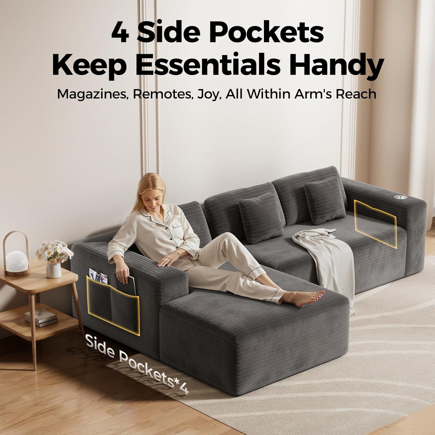 CAMMOO 108" L-Shaped Boneless Sectional Sofa, Cloud Couch in One Box | No Assembly Deep Seat, 4-Seater Sofa for Living Room, Storage Pockets, Plush Corduroy, Left-Facing Chaise, Grey