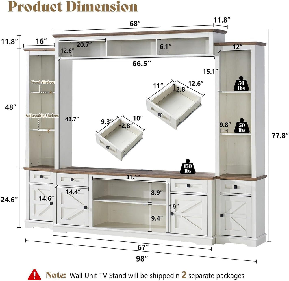 AMERLIFE 98" Farmhouse Wall Unit Entertainment Center with Bookshelf
