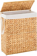 Handwoven Slim Laundry Hamper with Lid, 75L Natural Water Hyacinth Basket and Handles, Narrow Wicker Laundry Basket with Removable Liner Bag & 2 Mesh Bags