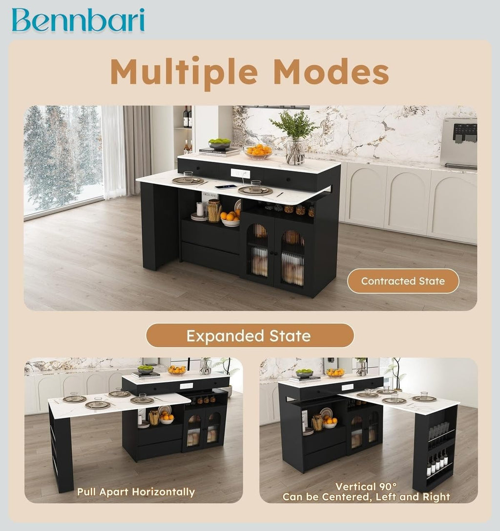 Retro Kitchen Island with Extendable Rotating Tabletop, Power Outlets, Glass Door Cabinets, 4 Drawers, Ships in 2 Boxes (Black & Marble Veneer)