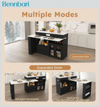 Retro Kitchen Island with Extendable Rotating Tabletop, Power Outlets, Glass Door Cabinets, 4 Drawers, Ships in 2 Boxes (Black & Marble Veneer)
