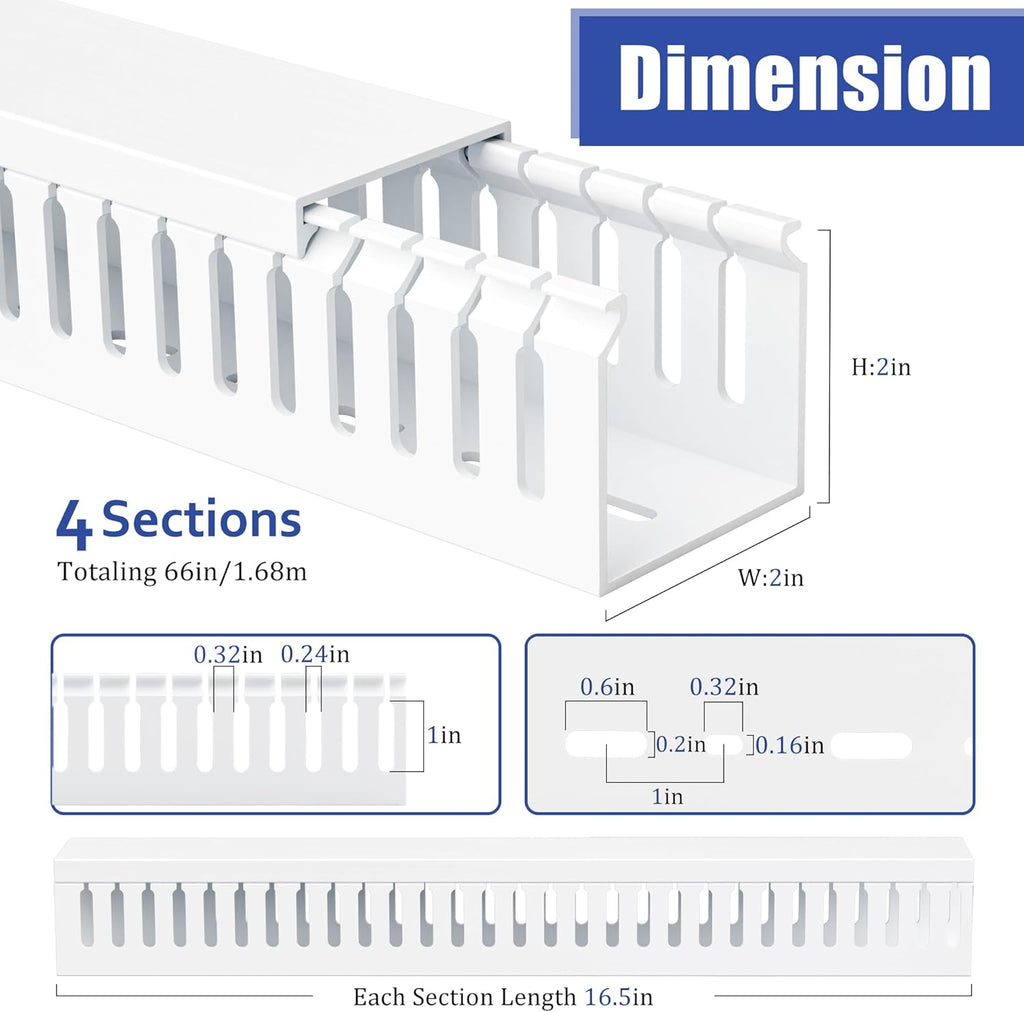 ZhiYo 66in(4X L16.5in) Professional Server Rack Cable Management Raceway, H2in x W2in Cable Raceway Kit, Electrically Safe PVC Open Slot Wire Raceway for Under Desk/Computer/Network Cords, White