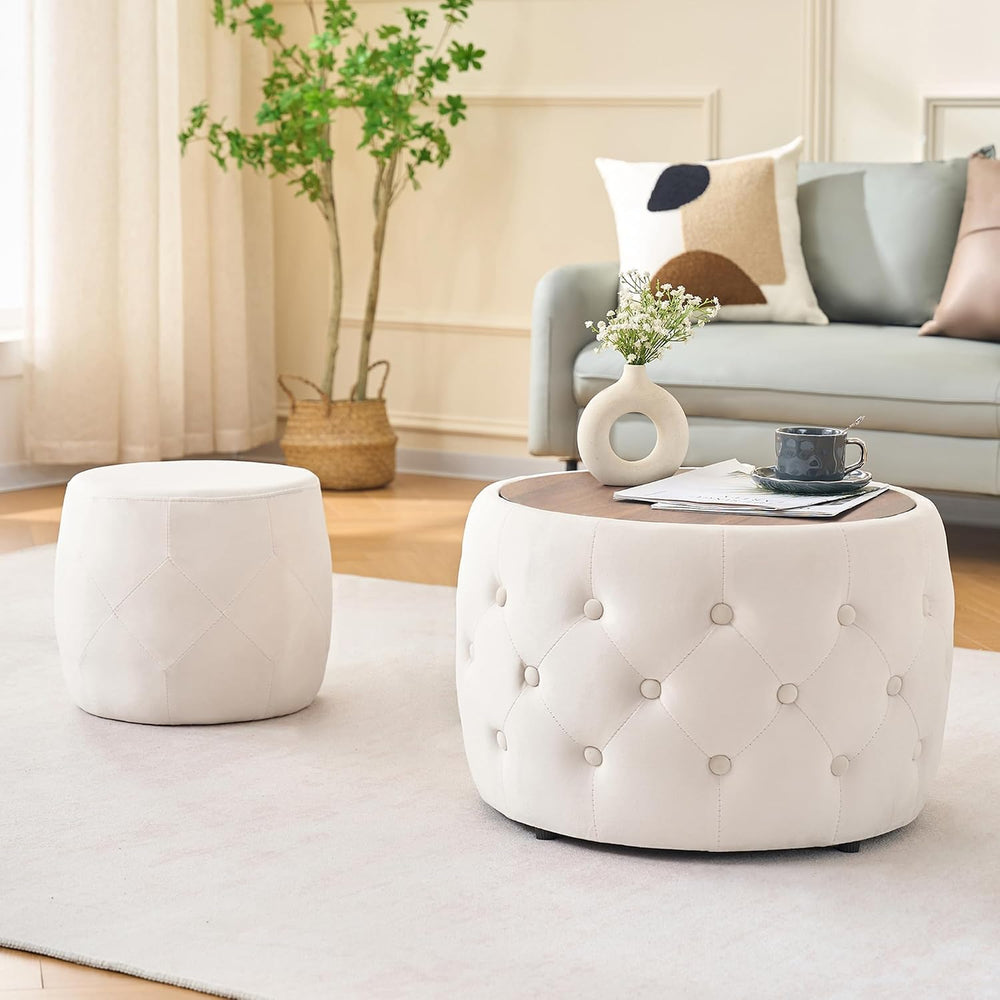 KEIKI Luxurious Velvet Nesting Ottomans of 2, 4-in-1 Round Storage Foot Stool...