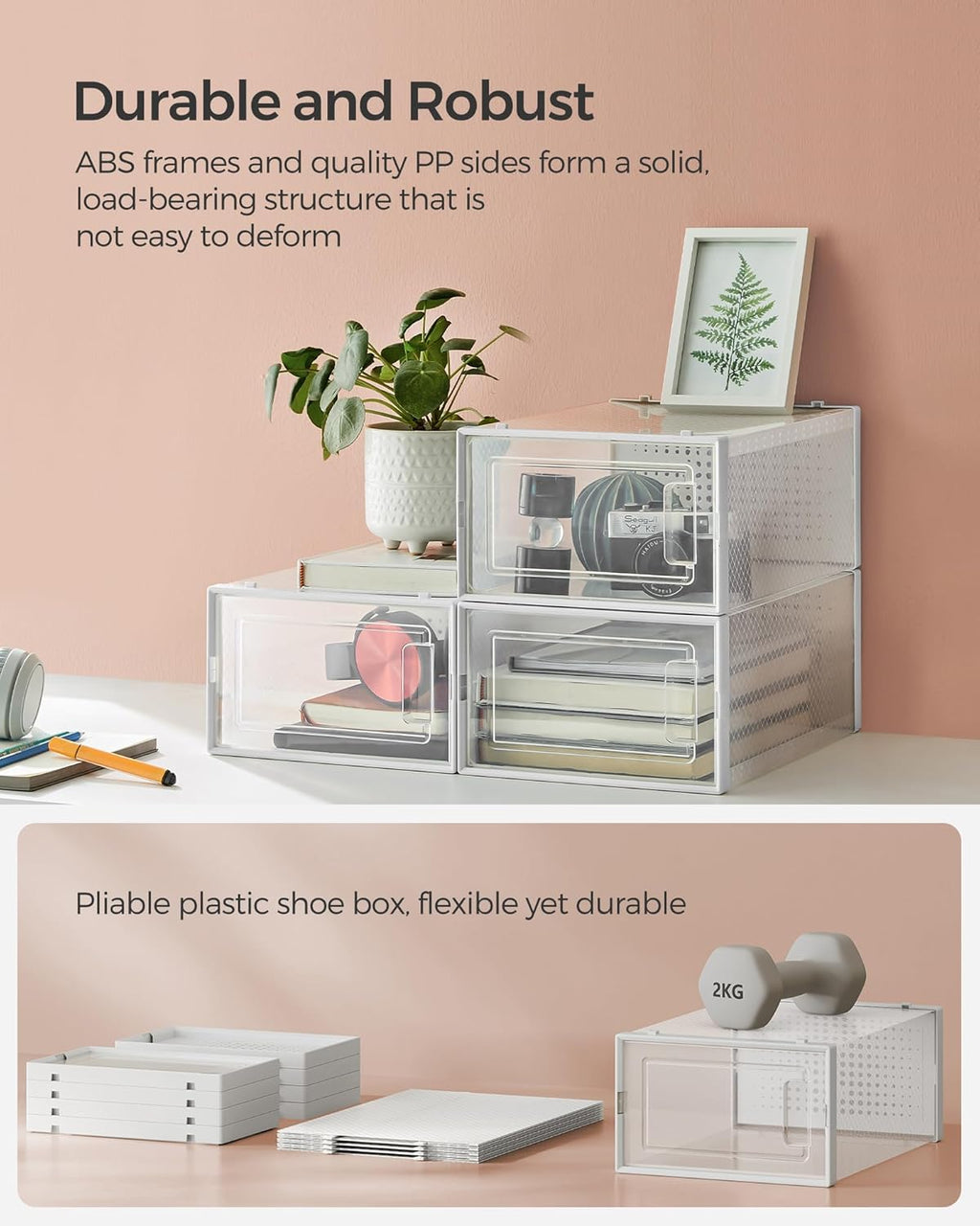 SONGMICS Shoe Boxes, Pack of 12 Shoe Storage Organizers, Stackable Clear Plastic Boxes for Closet, Sneakers, 13.1 x 9.1 x 5.6 Inches, Transparent and White ULSP12SWT