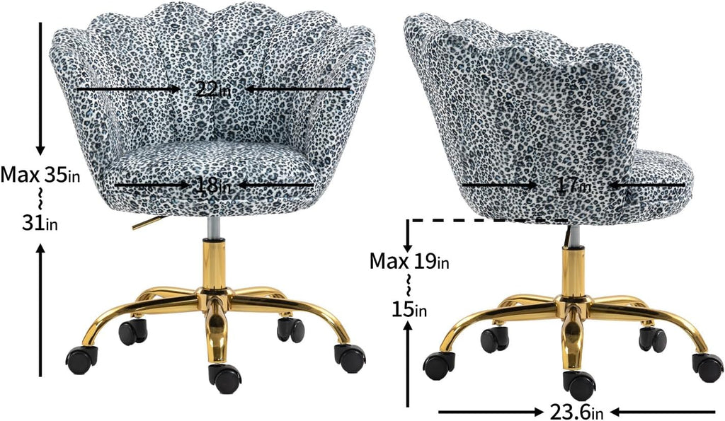 Comfy Home Office Task Chair with Wheels, Cute Modern Upholstered PU Seashell Back Adjustable Swivel Vanity Desk Chair, for Women,for Girls, Living Room, Bedroom（Snow Leopard Pattern