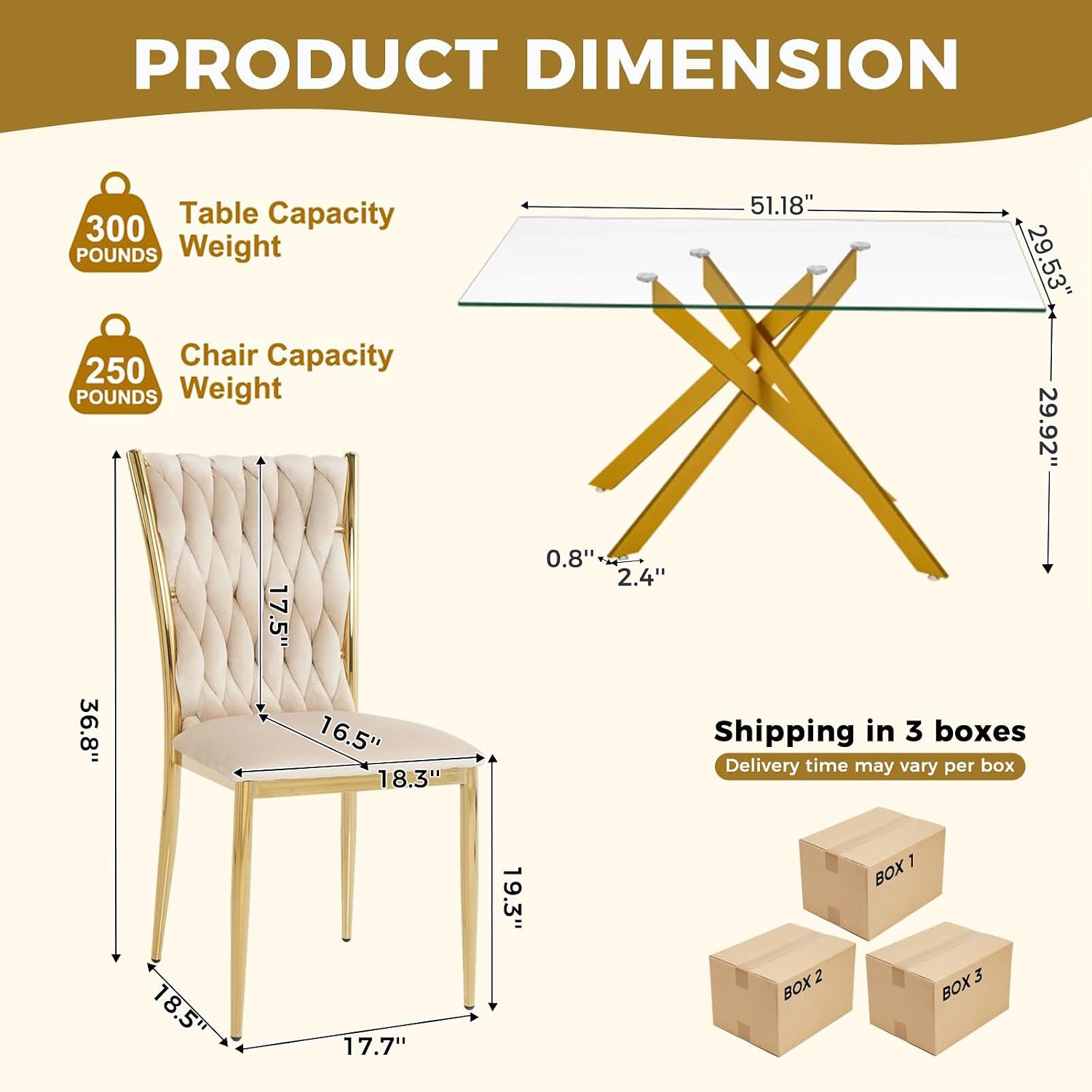 51'' Glass Dining Table Set for 4, Modern Rectangular Dining Room Table with Gold Metal Legs & 4 Upholstered Velvet Dining Chairs, Space-Saving Kitchen Table Set for Small Spaces, Apartment(Beige)