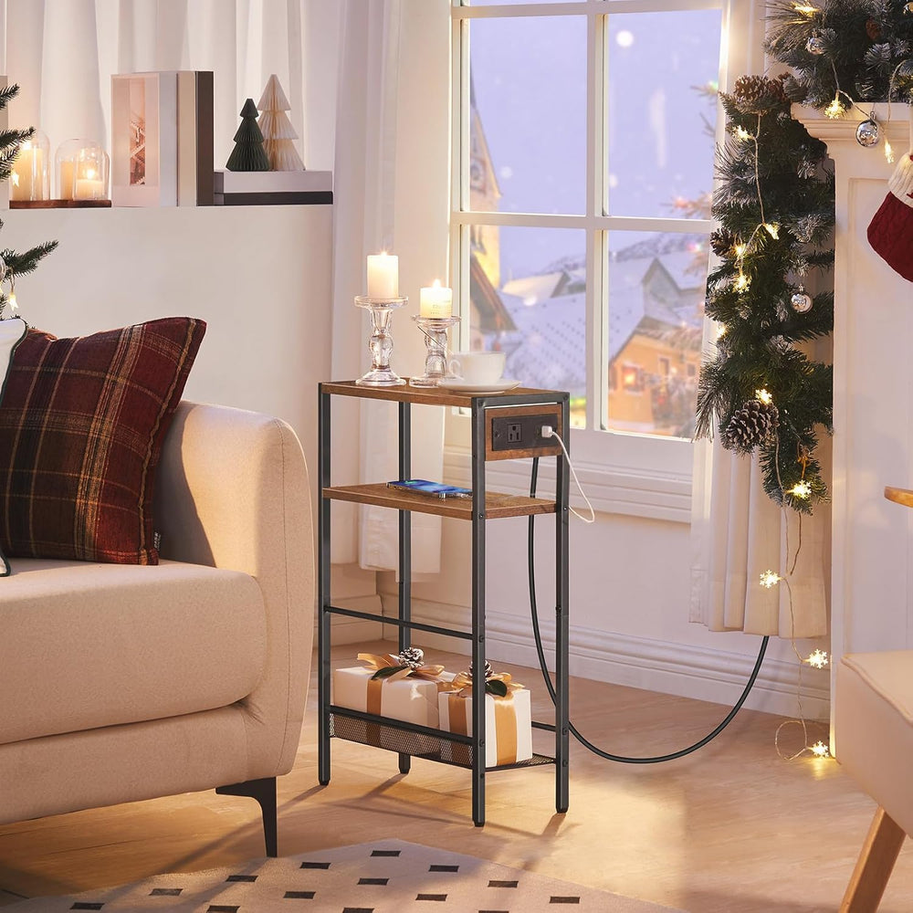 HOOBRO Small Narrow Side Table with Charging Station, Skinny End Table for Sm...