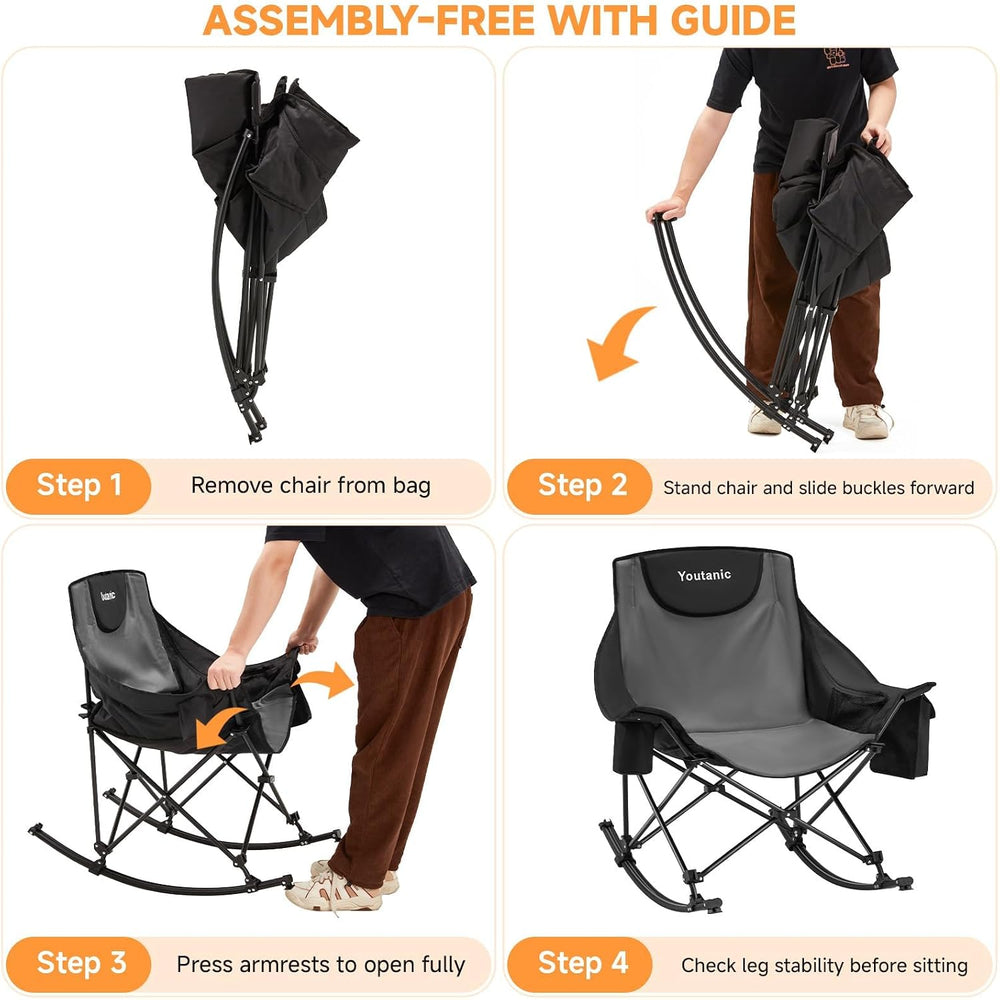 Youtanic Oversized Folding Rocking Camping Chair, Padded Portable Rocking Cha...