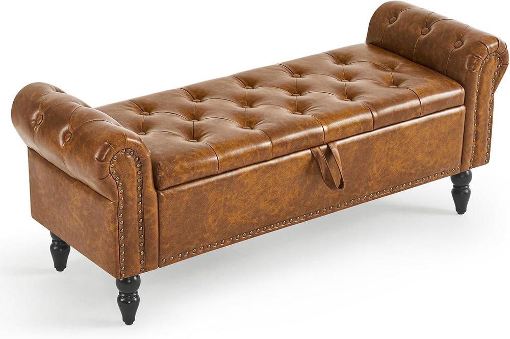 Furniliving Storage Ottoman Bench, Leather Benches End of Bed Bench with Soli...