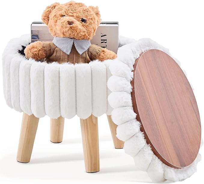 Wimarsbon Storage Ottoman,Soft Faux Fur Footstool with Padded Seat, Small Reading Vanity Chair, Footrest with Wood Tray for Couch, Mini Coffee Table or Display Stand (Cream, Round Storage)