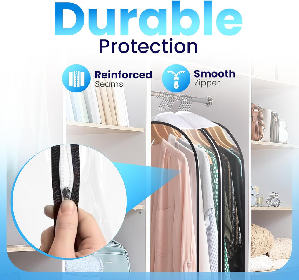 Handy Laundry Clear Garment Bags for Hanging Clothes, 50" Suit Bags with 10" Gusset, Heavy Duty Closet Storage Covers for Coats, Dresses, Shirts, Jackets, Dustproof & Breathable, 4 Pack