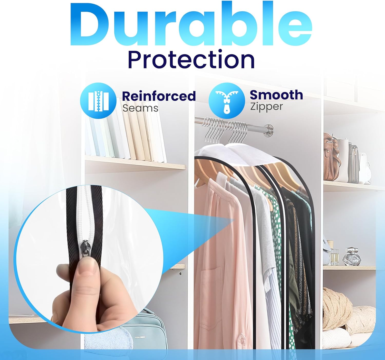 Handy Laundry Clear Garment Bags for Hanging Clothes, 50" Suit Bags with 10" Gusset, Heavy Duty Closet Storage Covers for Coats, Dresses, Shirts, Jackets, Dustproof & Breathable, 4 Pack