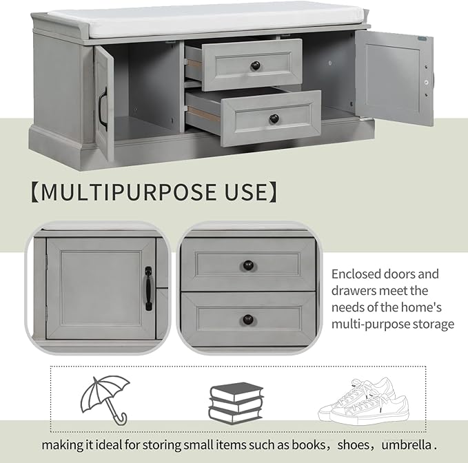 42″ Storage Bench with 2 Drawers and 2 Cabinets，Multipurpose Entryway Shoe Rack W/Removable Cushion，for Living Room Hallway Porch,Gray Wash