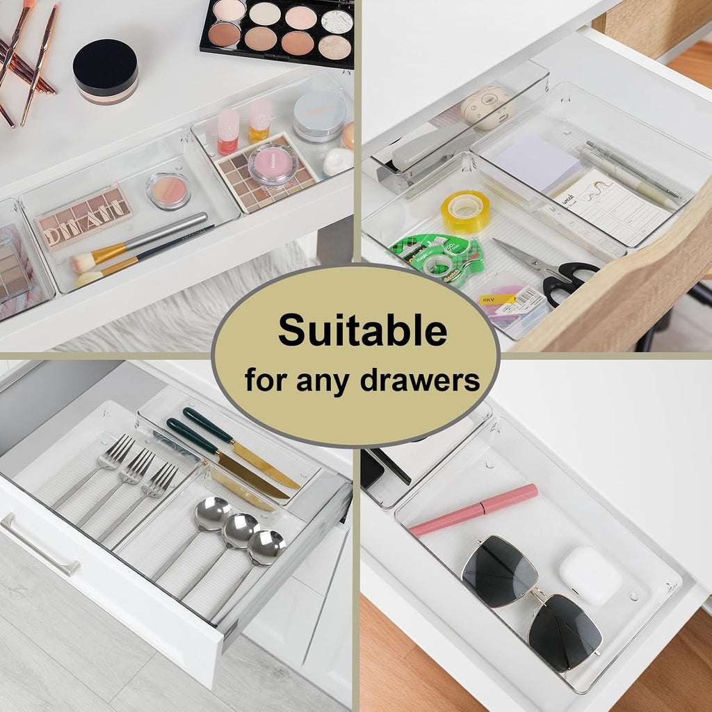 Clear Drawer Organizer Bins Set, Transparent Rectangle Trays, Dresser Bathroom Makeup Vanity Organization and Storage Bins Office Desk Drawer Dividers Organizers (3pc - 9×6×2")