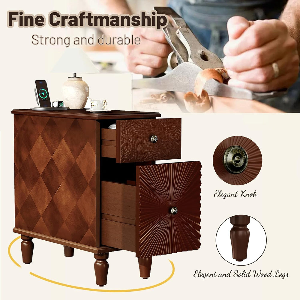 Wood End Table with Charging Station, Fully Assembled Slim Side Table with Dr...