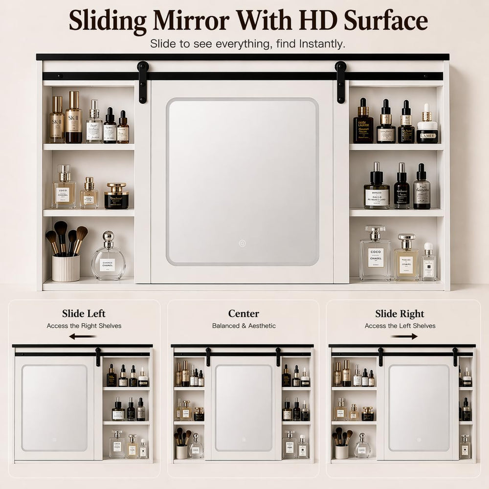 Vanity with Sliding Barn Mirror, Glass Top Makeup Desk with Outlet & Char...