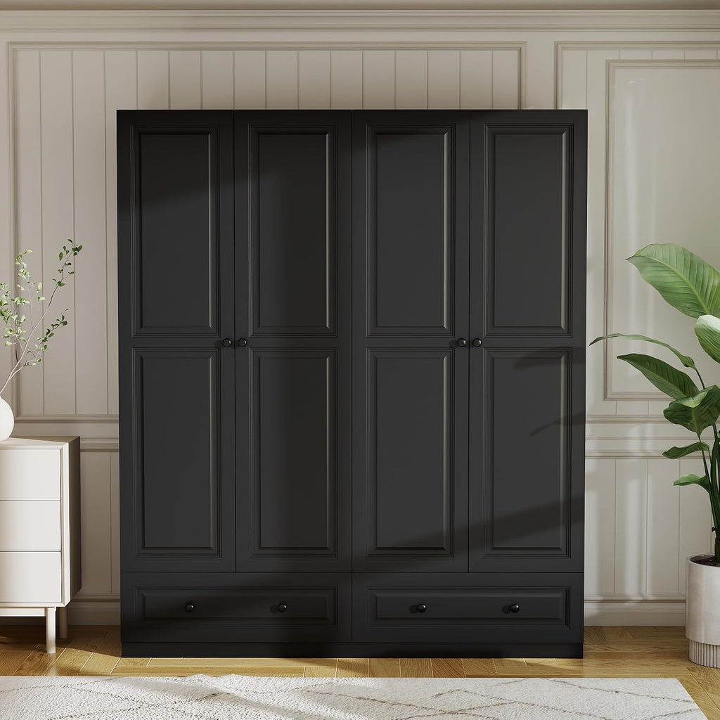 Armoire Wardrobe Closet with Doors: 74" Large Wardrobe Closet with 2 Drawers and 4 Doors, Modern Black Bedroom Armoires, Tall Closet Cabinet for Hanging Clothes (Black, 63")