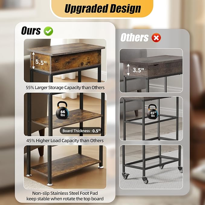 Rotating Top End Table with Charging Station, Side Table with USB Ports and O...