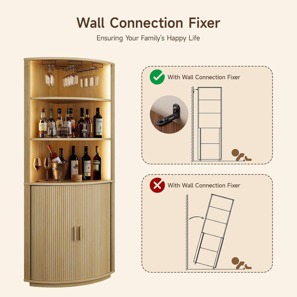 ONBRILL 72" Tall Corner Bar Cabinet with LED Light, Liquor Cabinets, Oak