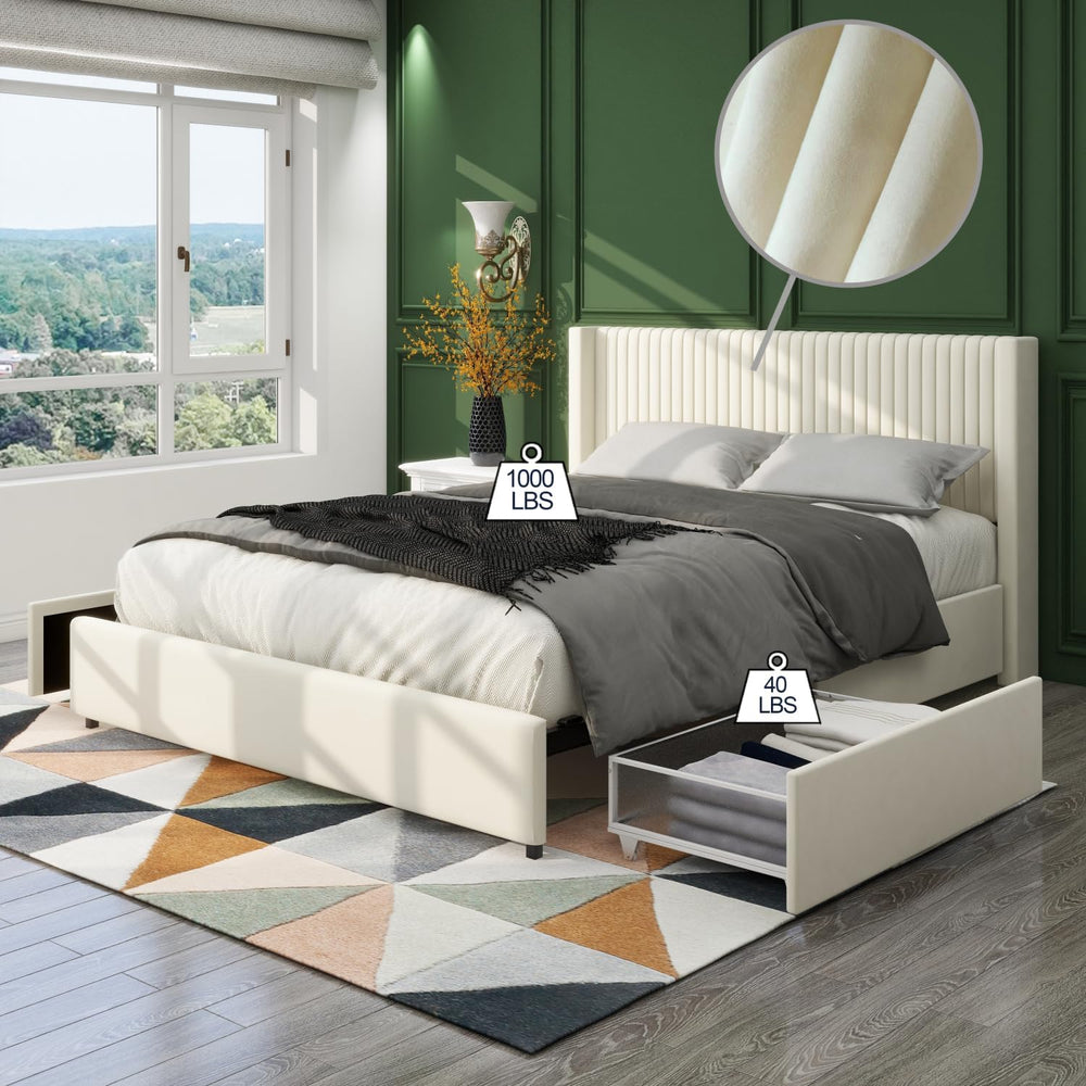 Ivory Velvet Upholstered Wingback Platform Bed with 2 Drawers, Queen Size Sto...
