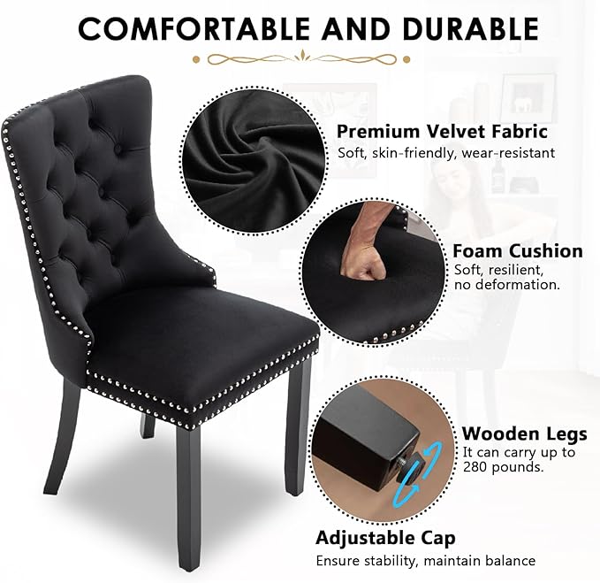 Kiztir Velvet Dining Chairs Set of 6, Upholstered Dining Room Chairs with Ring Pull Trim and Button Back, Luxury Tufted Dining Chairs for Living Room, Bedroom, Kitchen (Black)