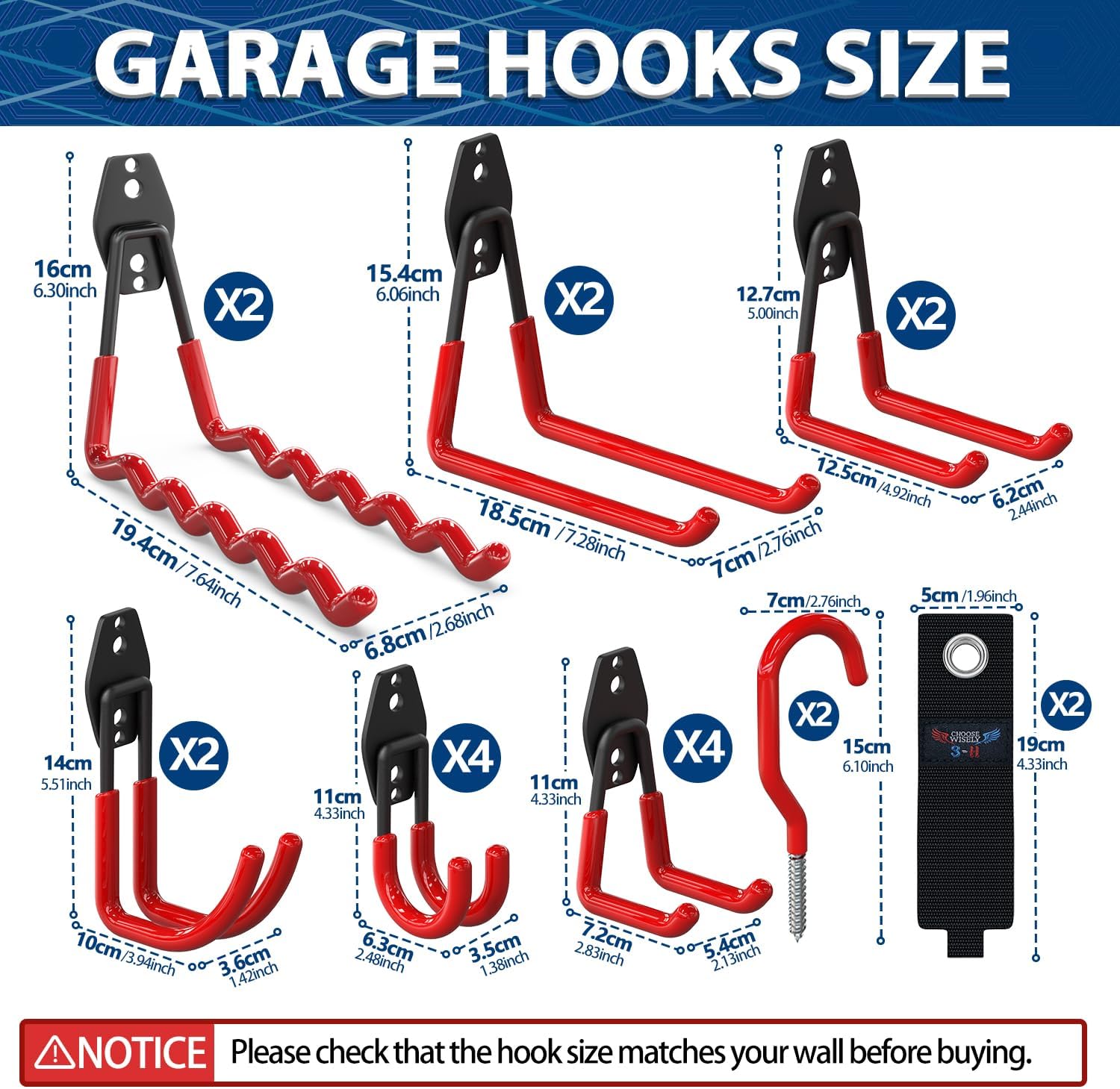 3-H Garage Wall Hooks 20 Pack, Garage Hooks Heavy Duty with Extra Welding Spots, Garage Organizer for Garden, Lawn, Chairs, Ladders, WeedEater, Shovel (Red)