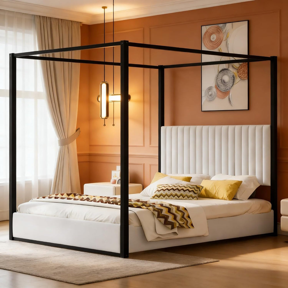 LUMISOL Queen Size Upholstered Canopy Bed, 4-Poster Platform Bed with Tall He...