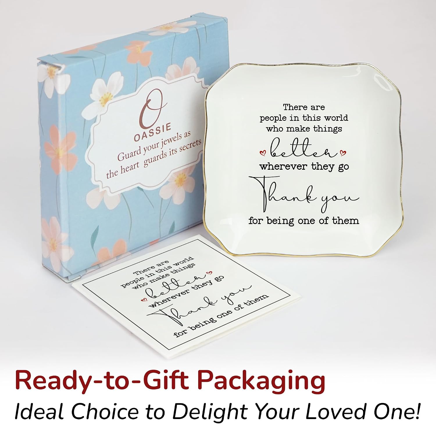 OASSIE Thank You Gifts for Women - 4"x4" Ceramic Jewelry Dish Tray | Gifts for Women, Appreciation Decor, Gold Trim Design, Ring Dish for Women, Polished Finish, Ready to Gift