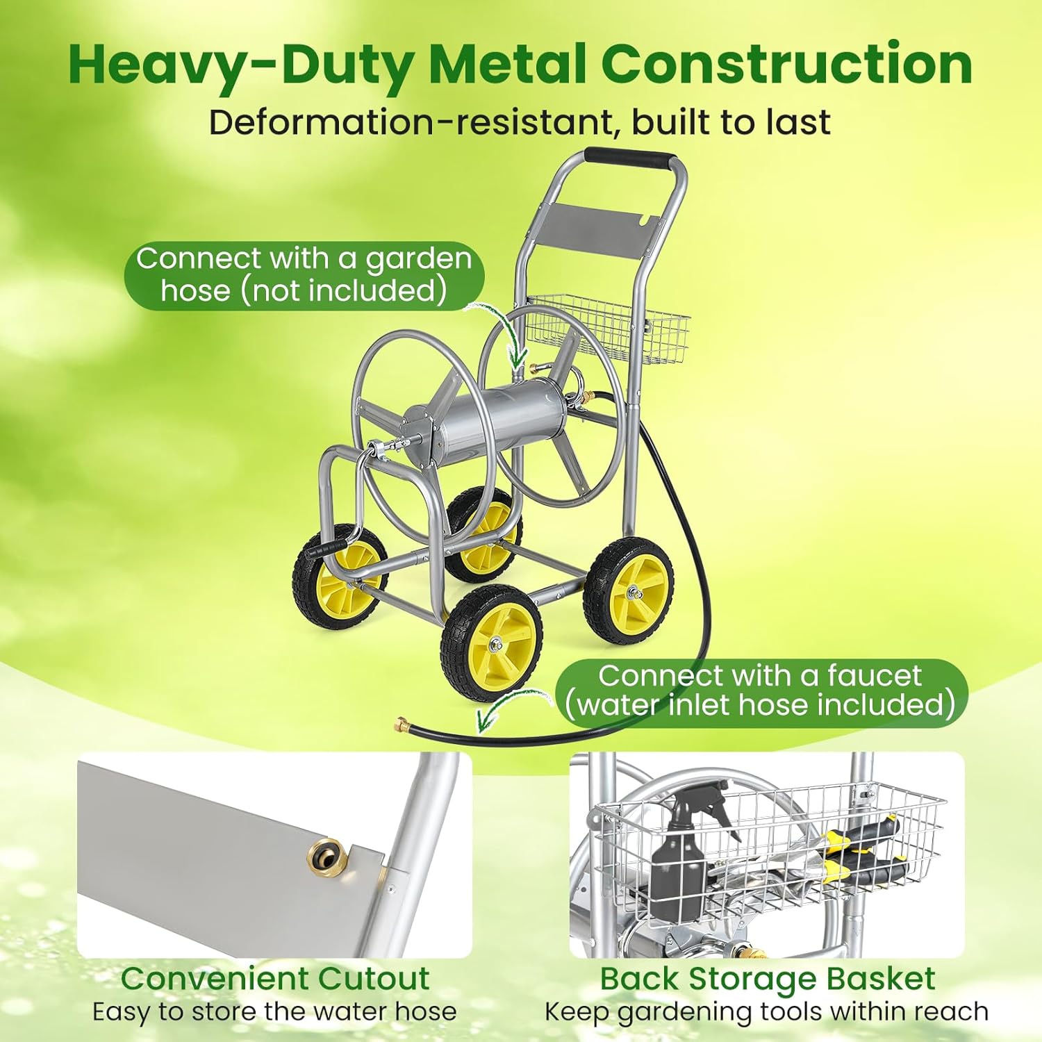 Goplus Garden Hose Reel Cart, 300 FT of 5/8" Large Capacity, Heavy-Duty Metal Hose Cart w/ 4 Wheels, Storage Basket, Portable Water Hose Organizer for Outside Yard, Outdoor Planting Tool (Silver)