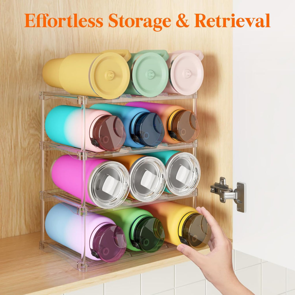 Lifewit Stackable Water Bottle Storage Organizer, Clear Freestanding Wine Bottle Holder for Cabinet, Tumbler Cup Organizer, Plastic Large Compartment Wine Rack for Fridge Cellar, 3Tier Hold 12