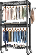 Heavy Duty Clothes Rack Rolling Garment Rack,3 Tier Adjustable Wire Shelving Clothing Racks for Hanging Clothes with Double Rods&Side Hooks,Freestanding Wardrobe Storage Rack Metal Portable Closet