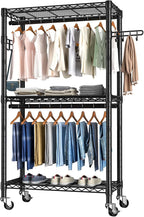 Heavy Duty Clothes Rack Rolling Garment Rack,3 Tier Adjustable Wire Shelving Clothing Racks for Hanging Clothes with Double Rods&Side Hooks,Freestanding Wardrobe Storage Rack Metal Portable Closet