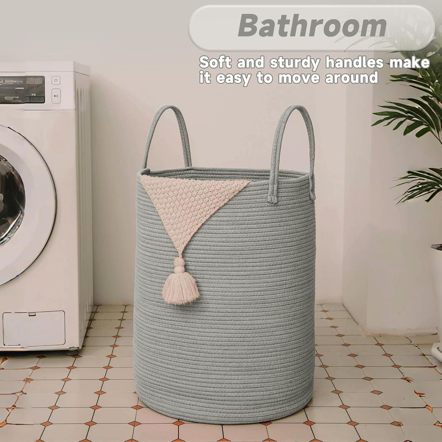 Large Woven Laundry Basket Hamper,100L Cotton Rope Storage Bin for Blankets,Toys and Clothes,Decorative Tall Nursery Hamper for Living Room,Baby Nursery,Bathroom and Bedroom,Grey