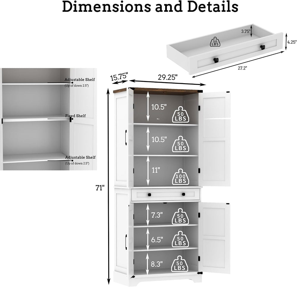71" Tall Kitchen Pantry Storage Cabinet with Drawer & 4 Barn Doors, ...