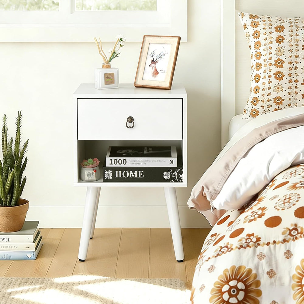 Bonnlo White Nightstand Set of 2, Modern Bedside Table with Drawer Open Shelf...