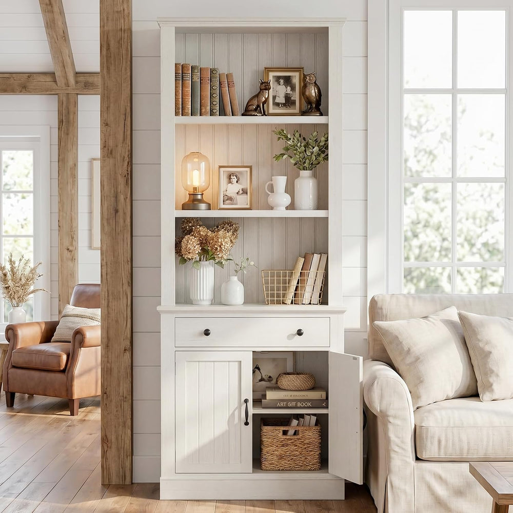 80" Tall Bookshelf Bookcase with Drawer and Doors, Rustic White
