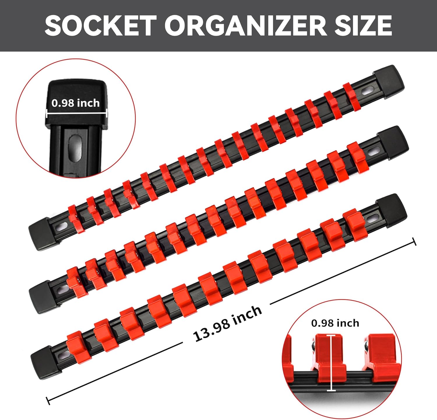 Socket Organizer Drive ABS Tools - Red Socket Holder, Premium Quality 18 Pieces Socket Holders Kit 1/4-Inch x 96 Clips, 3/8-Inch x 90 Clips, 1/2-Inch x 72 Clips（18PC,Red)