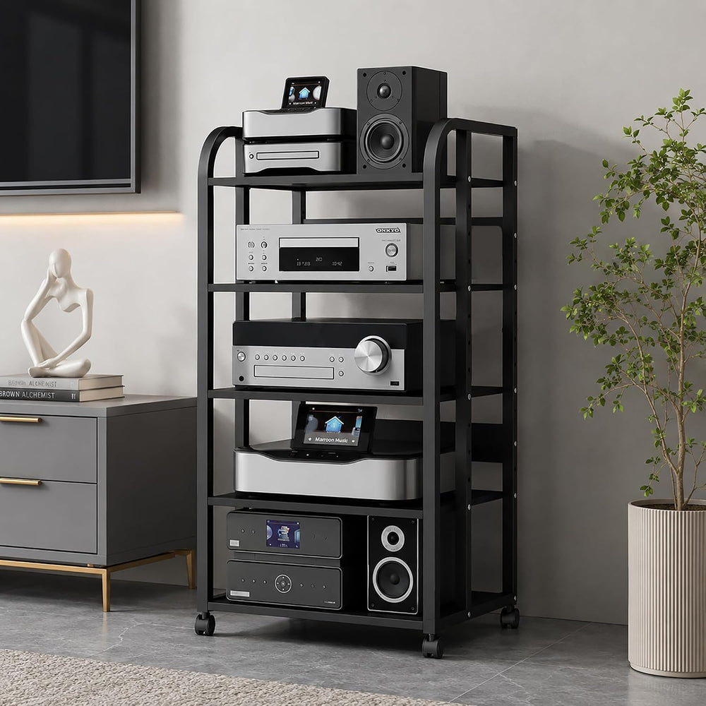 5 Tier Av Media Stand with Wheels, 39in Adjustable Audio Rack | Modern Stereo...