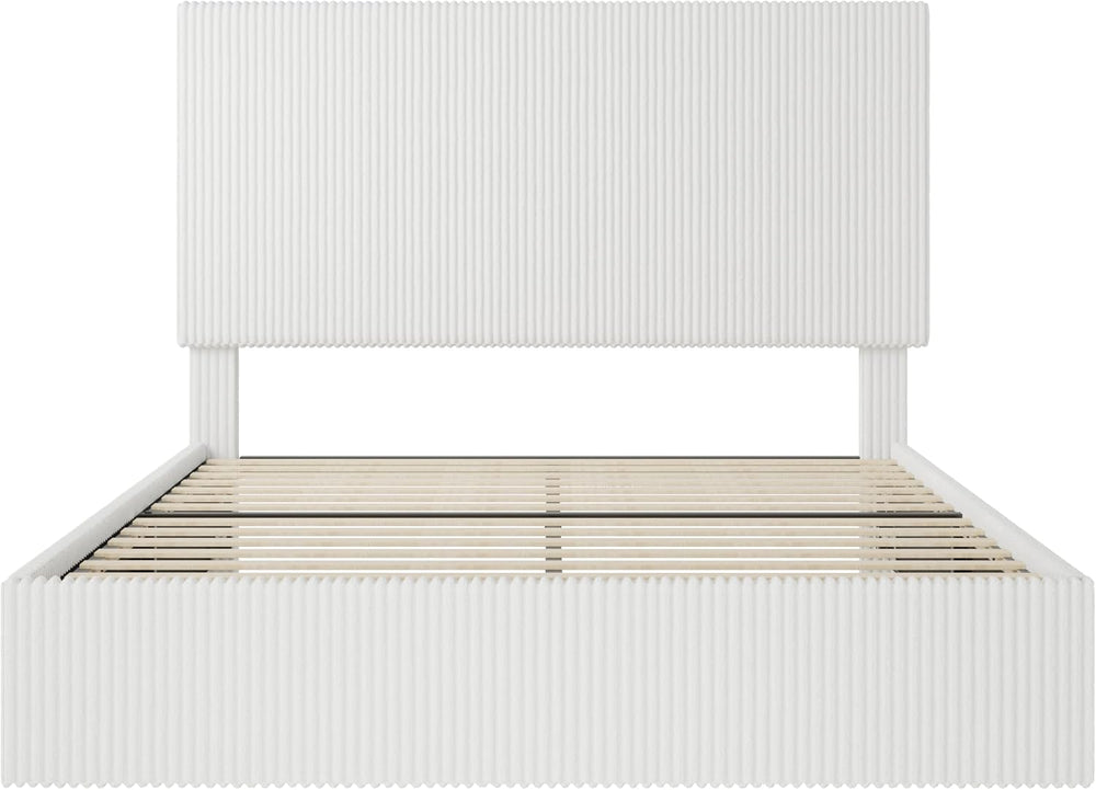 SHA CERLIN Queen Size Corduroy Bed Frame with Adjustable Headboard, White