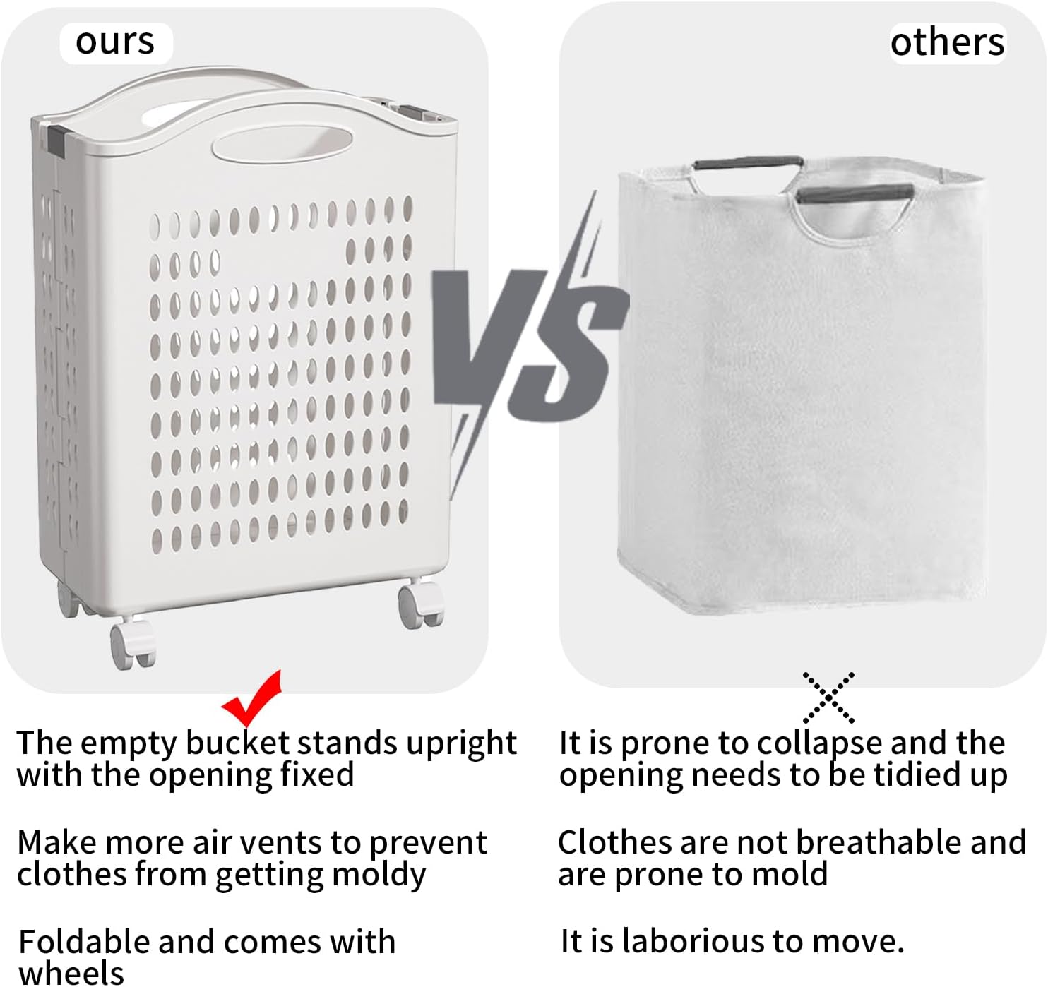 Rolling Laundry Hamper with Wheels - 14W×7.5D×21H Ventilated Plastic Laundry Basket, White Storage Bin with Handles for Small Spaces, Bedroom & Bathroom