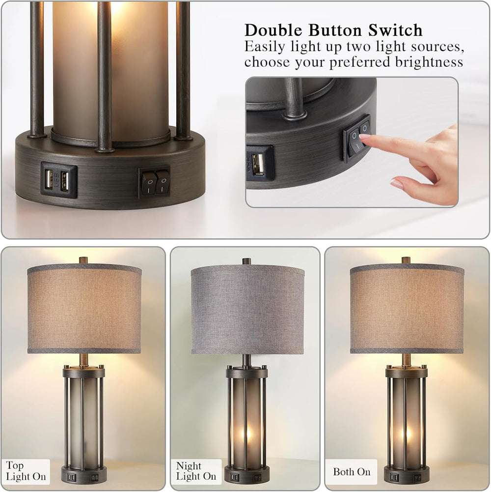 RORIA Set of 2 Rustic Table Lamps for Living Room with 2 USB Ports