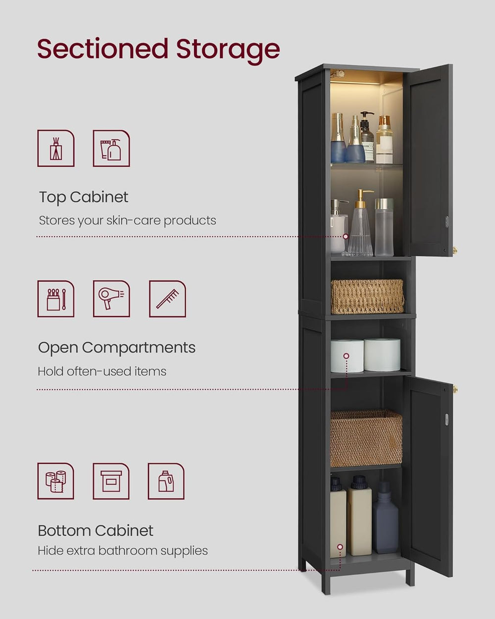 VASAGLE Tall Storage Cabinet with Lights, Slim Freestanding Cabinet with Adju...