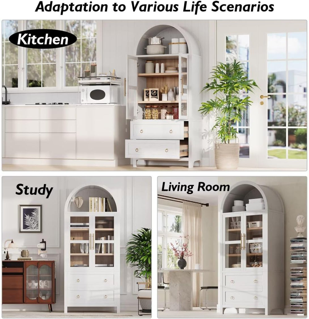 71" Tall Arched Kitchen Pantry Cabinet with 2 Large Drawers, Modern Farm...