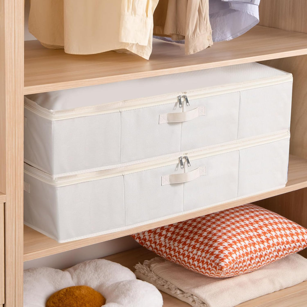 Under Bed Storage Containers, Storage Bins With Lids, Clothes Organizers With Sturdy Structure and Reinforced Handles, Beige, 2 Pack, 31.5 x 15.7 x 5.9 Inch