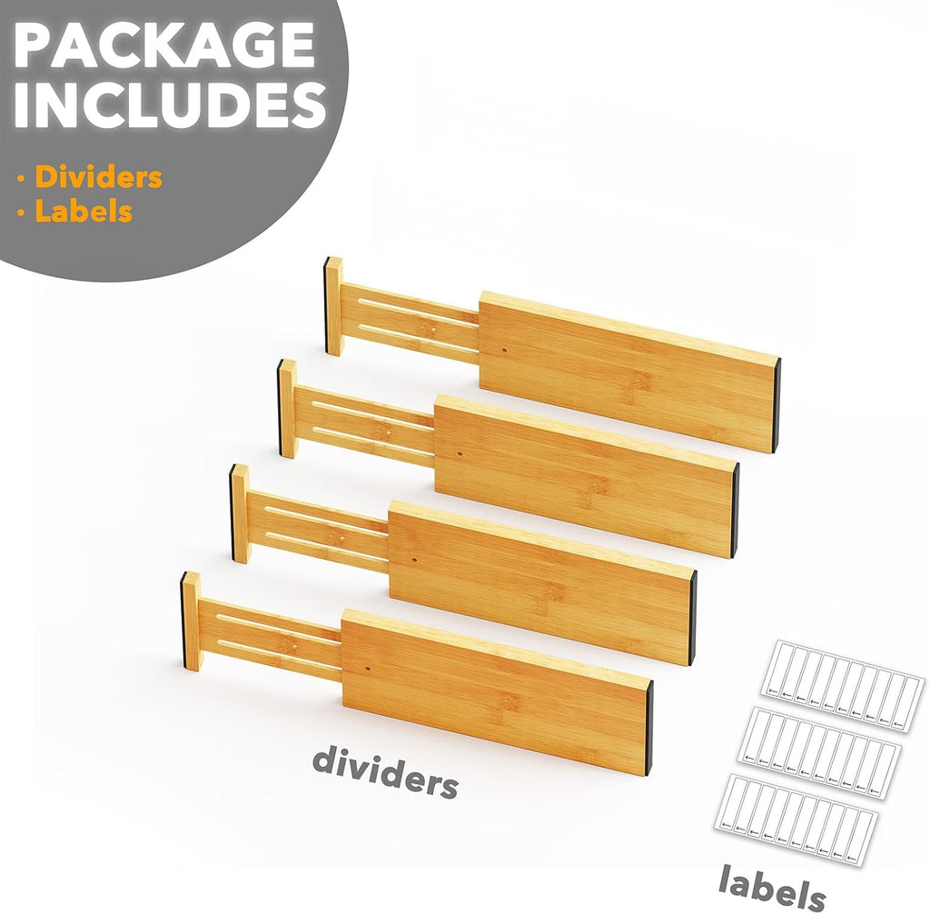 SpaceAid Bamboo 4 Pack Dresser Drawer Dividers, 4.65“ High Adjustable 12.5“-17” Drawer Organizers, Expandable Organization for Clothing, Clothes, Dressers, Natural