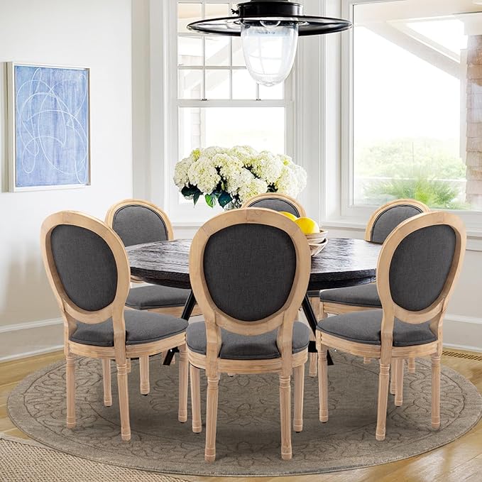 Upholstered Dining Chairs Set of 6 French Country Oval Fabric Back Kitchen Side Chair with Wood Legs for Dining Room, Kitchen, Restaurant(Dark Grey-Fabric)