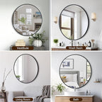 30 Inch Black Round Wall Mirror, Circle Bathroom Mirror with Brushed Metal Frame, Anti-Rust Tempered Glass Vanity Mirror for Bedroom, Entryway, Living Room Farmhouse Decor
